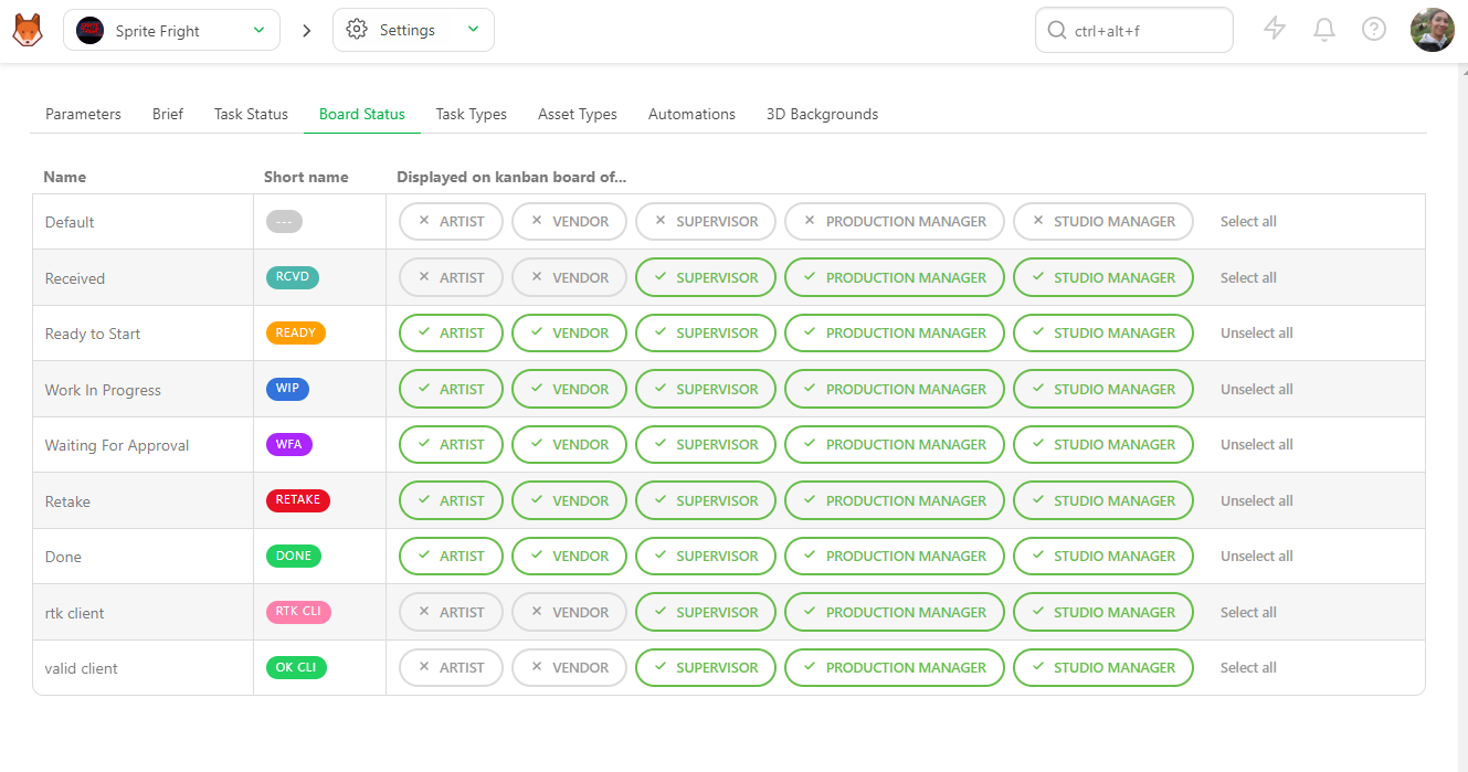 Setting page status board